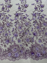 Princess Glitter 3D Floral Design Lace Polyester Fabric - Double Scallop, Mesh Lace, 54" Width (1 Yard)