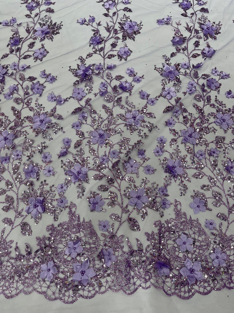 Princess Glitter 3D Floral Design Lace Polyester Fabric - Double Scallop, Mesh Lace, 54" Width (1 Yard)
