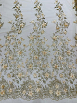 Princess Glitter 3D Floral Design Lace Polyester Fabric - Double Scallop, Mesh Lace, 54" Width (1 Yard)