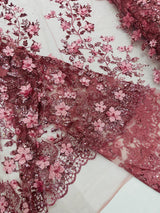 Princess Glitter 3D Floral Design Lace Polyester Fabric - Double Scallop, Mesh Lace, 54" Width (1 Yard)