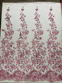 Princess Glitter 3D Floral Design Lace Polyester Fabric - Double Scallop, Mesh Lace, 54" Width (1 Yard)