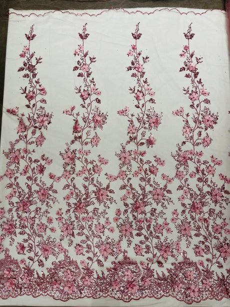 Princess Glitter 3D Floral Design Lace Polyester Fabric - Double Scallop, Mesh Lace, 54" Width (1 Yard)