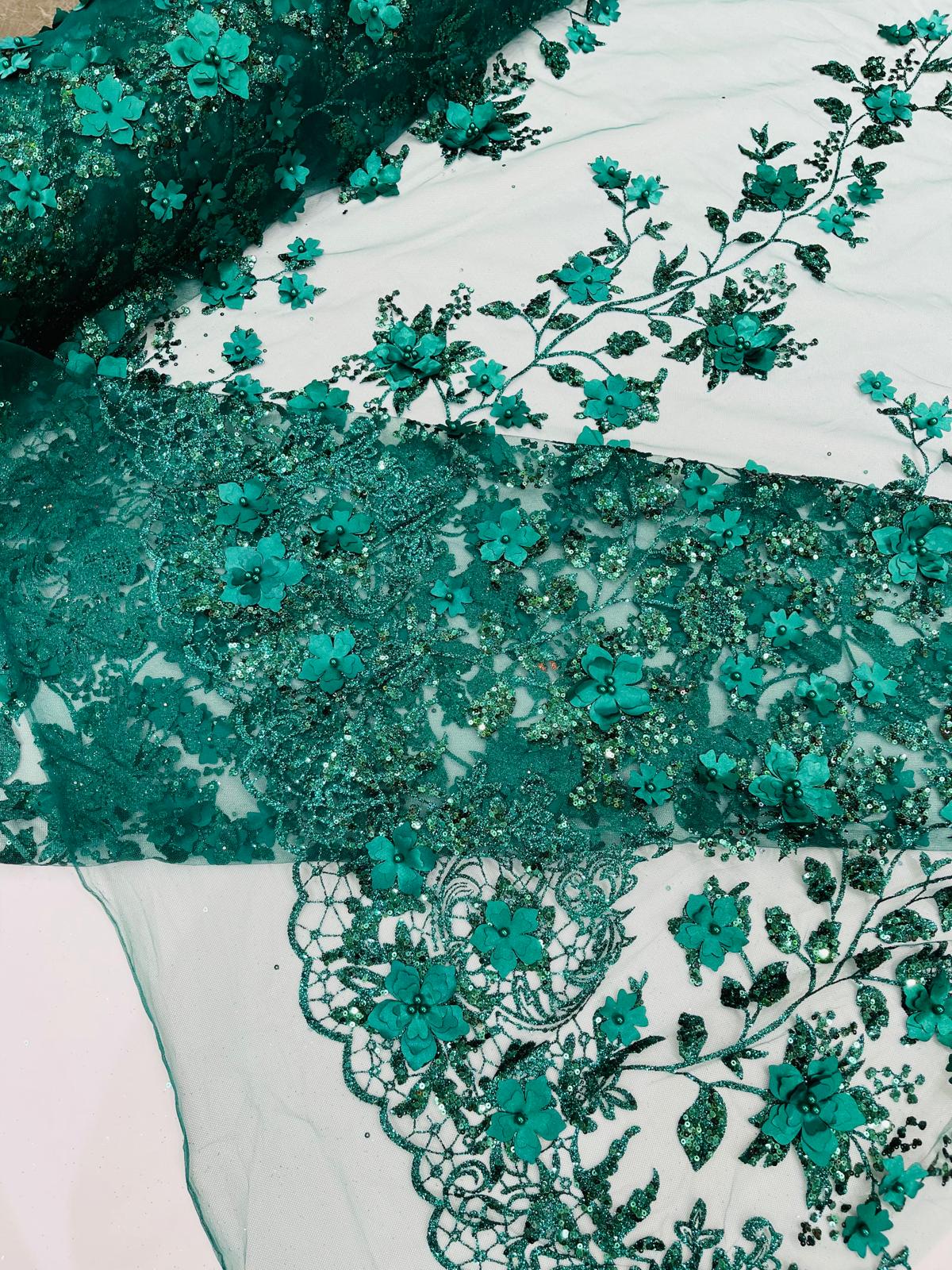Princess Glitter 3D Floral Design Lace Polyester Fabric - Double Scallop, Mesh Lace, 54" Width (1 Yard)