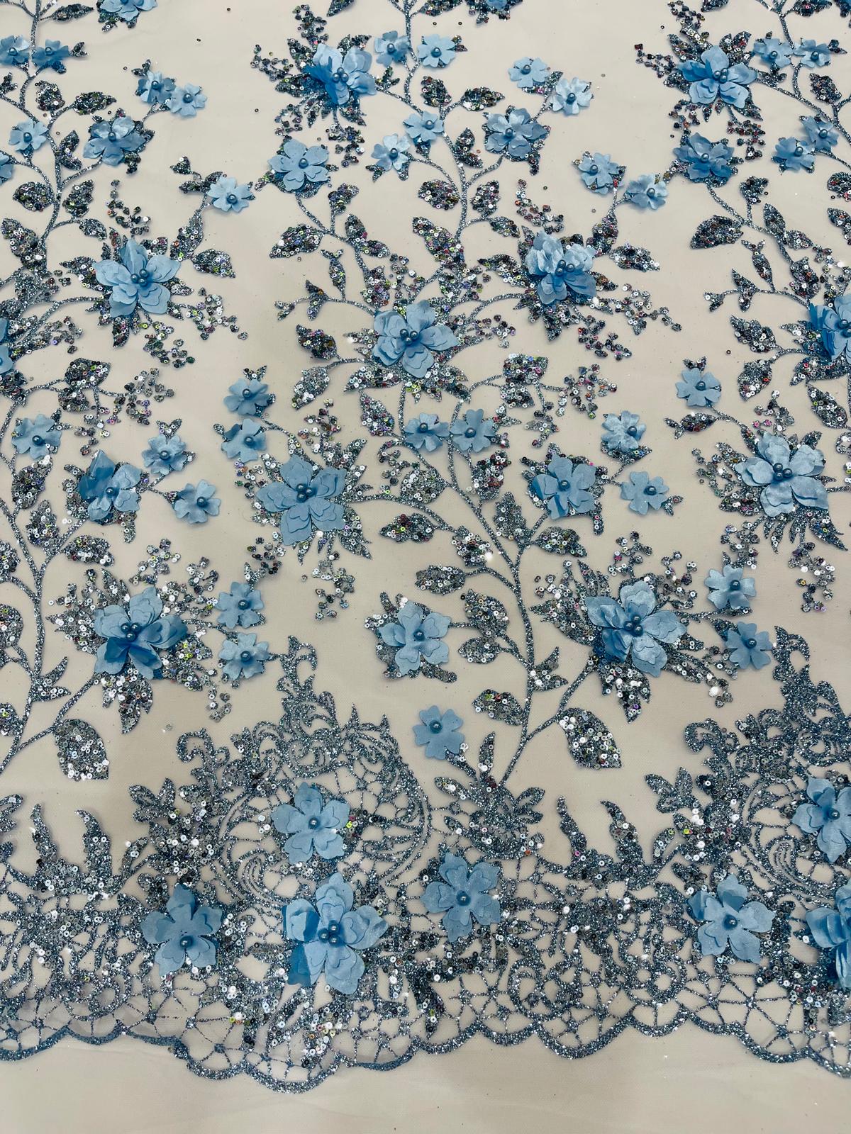 Princess Glitter 3D Floral Design Lace Polyester Fabric - Double Scallop, Mesh Lace, 54" Width (1 Yard)