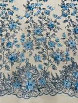 Princess Glitter 3D Floral Design Lace Polyester Fabric - Double Scallop, Mesh Lace, 54" Width (1 Yard)