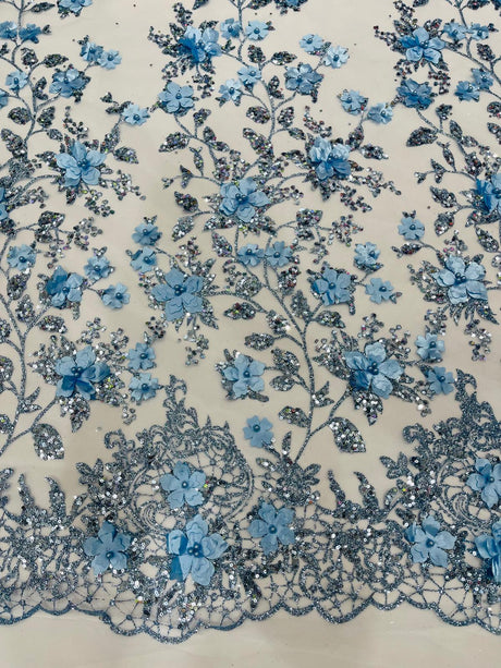 Princess Glitter 3D Floral Design Lace Polyester Fabric - Double Scallop, Mesh Lace, 54" Width (1 Yard)