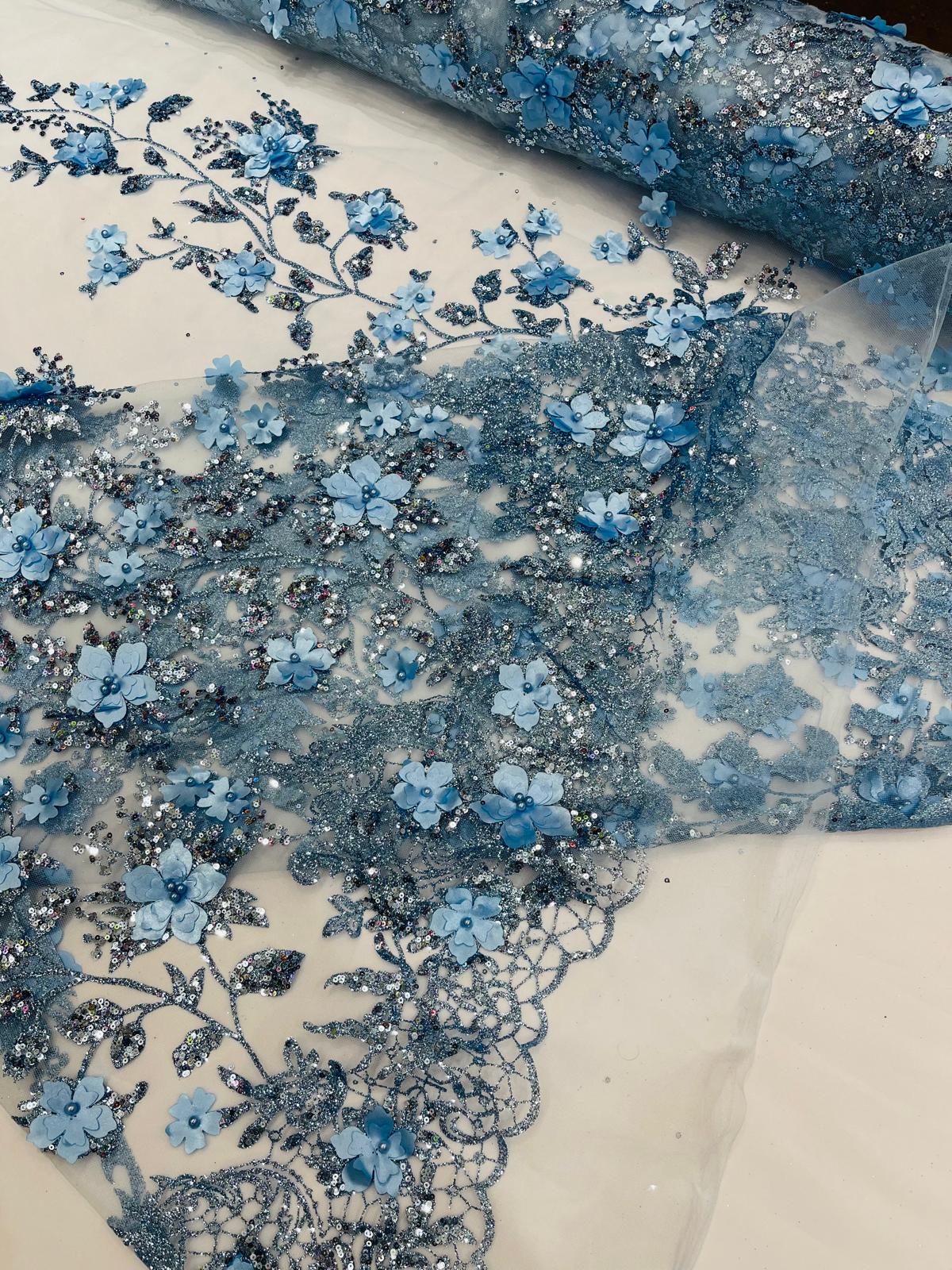 Princess Glitter 3D Floral Design Lace Polyester Fabric - Double Scallop, Mesh Lace, 54" Width (1 Yard)