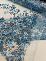 Princess Glitter 3D Floral Design Lace Polyester Fabric - Double Scallop, Mesh Lace, 54" Width (1 Yard)