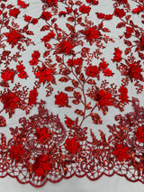 Princess Glitter 3D Floral Design Lace Polyester Fabric - Double Scallop, Mesh Lace, 54" Width (1 Yard)