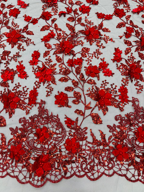 Princess Glitter 3D Floral Design Lace Polyester Fabric - Double Scallop, Mesh Lace, 54" Width (1 Yard)