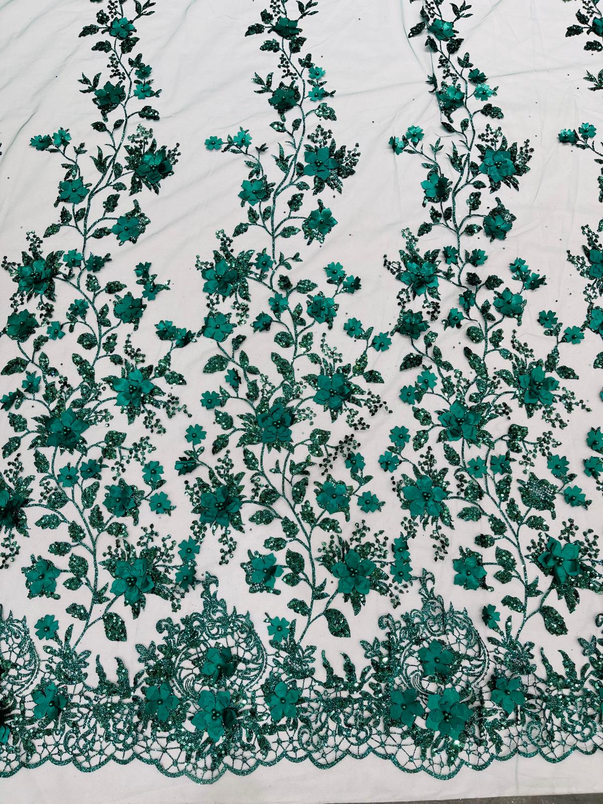 Princess Glitter 3D Floral Design Lace Polyester Fabric - Double Scallop, Mesh Lace, 54" Width (1 Yard)