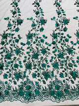 Princess Glitter 3D Floral Design Lace Polyester Fabric - Double Scallop, Mesh Lace, 54" Width (1 Yard)