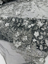 Princess Glitter 3D Floral Design Lace Polyester Fabric - Double Scallop, Mesh Lace, 54" Width (1 Yard)