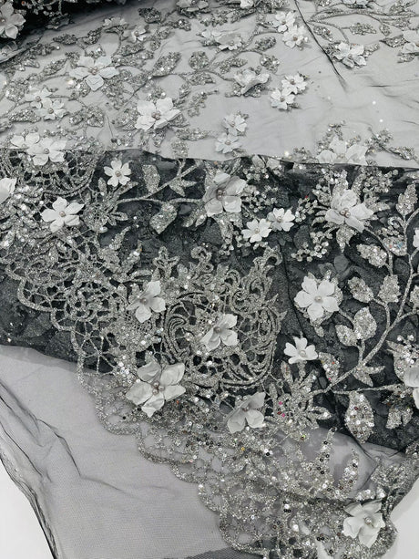 Princess Glitter 3D Floral Design Lace Polyester Fabric - Double Scallop, Mesh Lace, 54" Width (1 Yard)