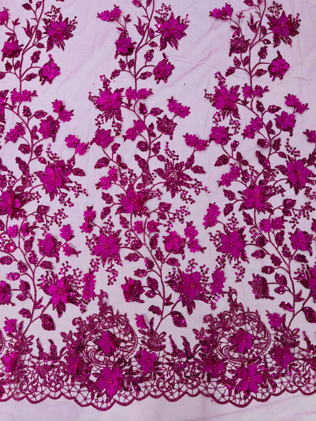 Princess Glitter 3D Floral Design Lace Polyester Fabric - Double Scallop, Mesh Lace, 54" Width (1 Yard)