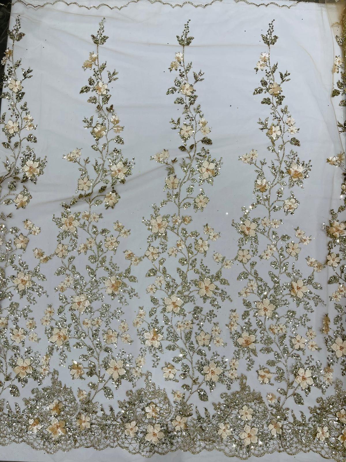 Princess Glitter 3D Floral Design Lace Polyester Fabric - Double Scallop, Mesh Lace, 54" Width (1 Yard)