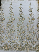 Princess Glitter 3D Floral Design Lace Polyester Fabric - Double Scallop, Mesh Lace, 54" Width (1 Yard)