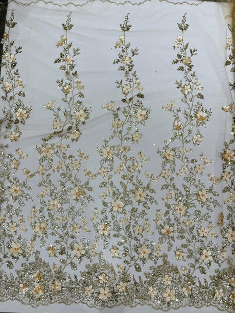 Princess Glitter 3D Floral Design Lace Polyester Fabric - Double Scallop, Mesh Lace, 54" Width (1 Yard)