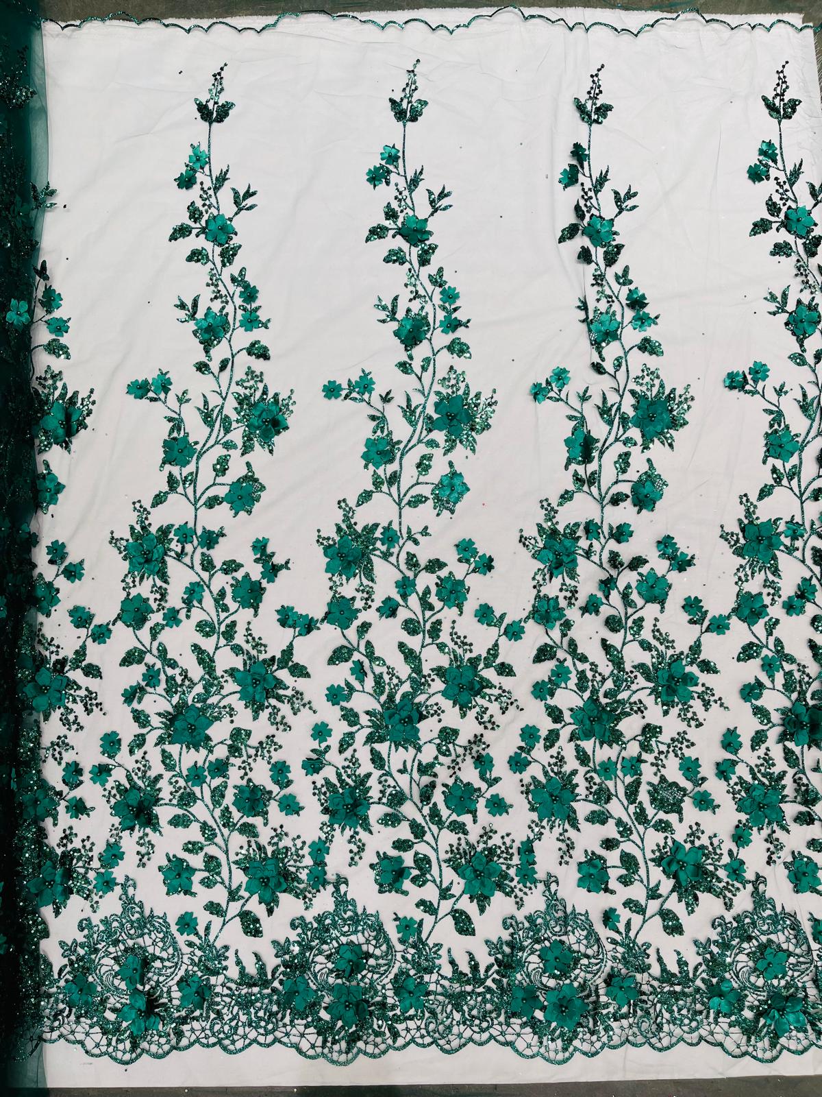 Princess Glitter 3D Floral Design Lace Polyester Fabric - Double Scallop, Mesh Lace, 54" Width (1 Yard)