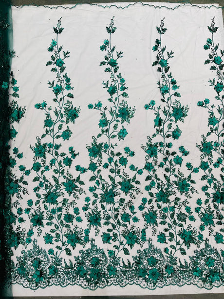 Princess Glitter 3D Floral Design Lace Polyester Fabric - Double Scallop, Mesh Lace, 54" Width (1 Yard)