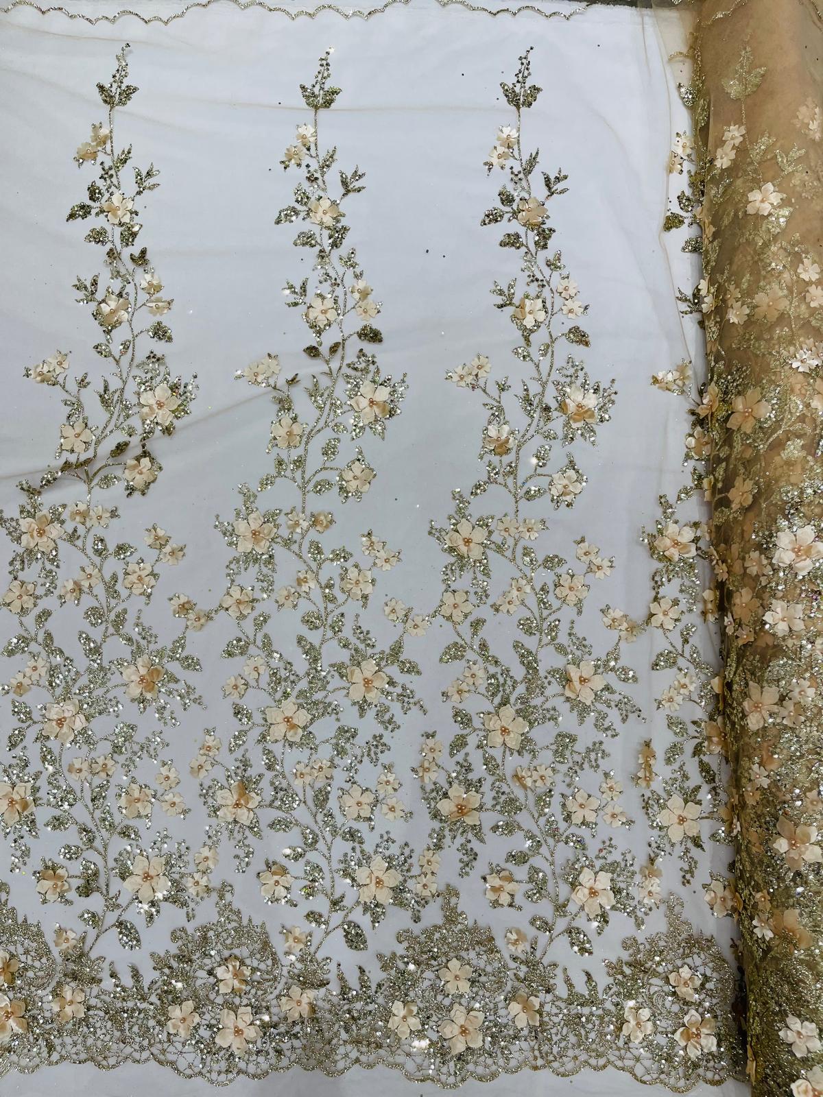 Princess Glitter 3D Floral Design Lace Polyester Fabric - Double Scallop, Mesh Lace, 54" Width (1 Yard)