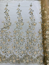 Princess Glitter 3D Floral Design Lace Polyester Fabric - Double Scallop, Mesh Lace, 54" Width (1 Yard)