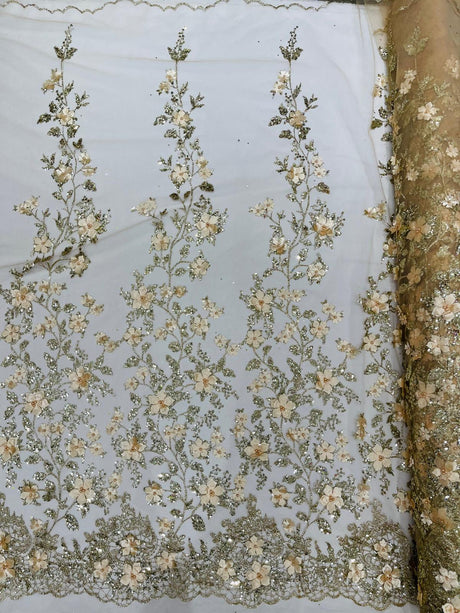 Princess Glitter 3D Floral Design Lace Polyester Fabric - Double Scallop, Mesh Lace, 54" Width (1 Yard)