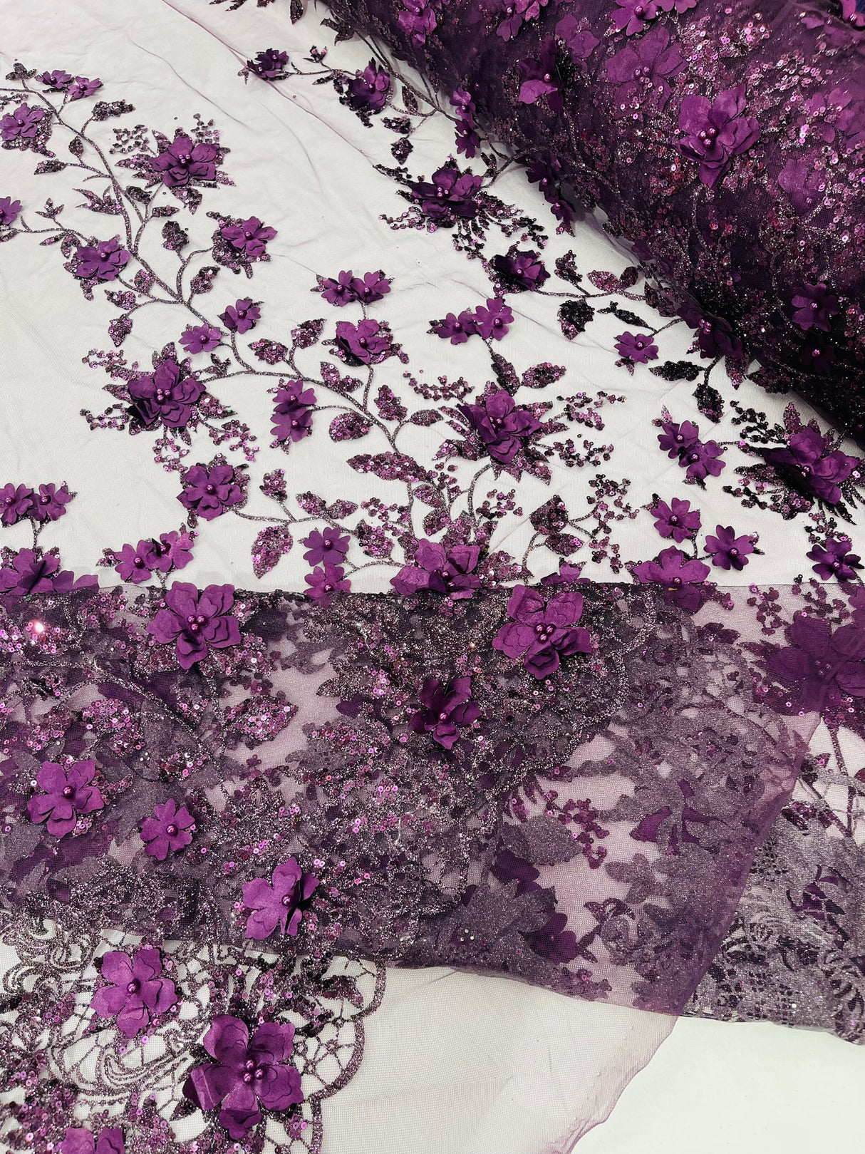Princess Glitter 3D Floral Design Lace Polyester Fabric - Double Scallop, Mesh Lace, 54" Width (1 Yard)