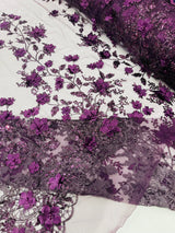 Princess Glitter 3D Floral Design Lace Polyester Fabric - Double Scallop, Mesh Lace, 54" Width (1 Yard)