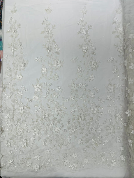 Princess Glitter 3D Floral Design Lace Polyester Fabric - Double Scallop, Mesh Lace, 54" Width (1 Yard)