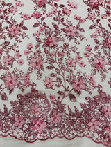 Princess Glitter 3D Floral Design Lace Polyester Fabric - Double Scallop, Mesh Lace, 54" Width (1 Yard)