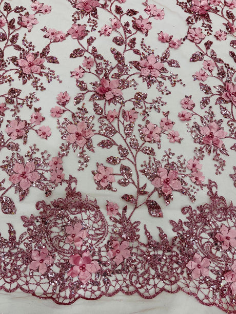 Princess Glitter 3D Floral Design Lace Polyester Fabric - Double Scallop, Mesh Lace, 54" Width (1 Yard)