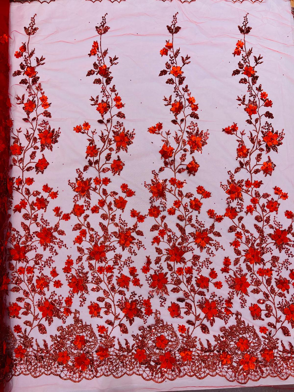 Princess Glitter 3D Floral Design Lace Polyester Fabric - Double Scallop, Mesh Lace, 54" Width (1 Yard)