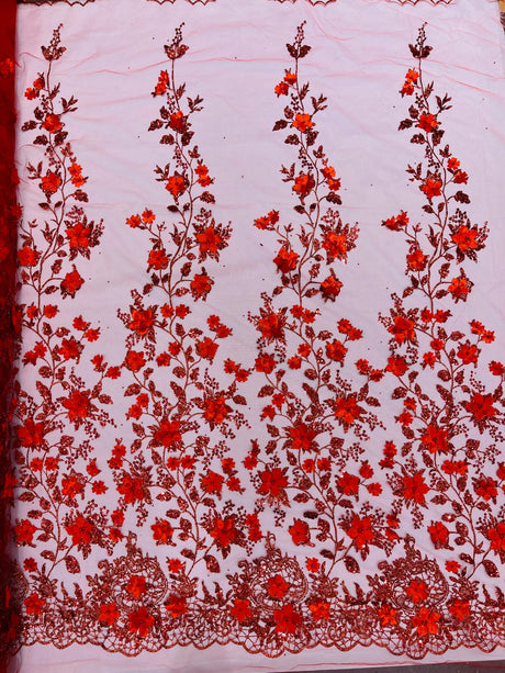 Princess Glitter 3D Floral Design Lace Polyester Fabric - Double Scallop, Mesh Lace, 54" Width (1 Yard)