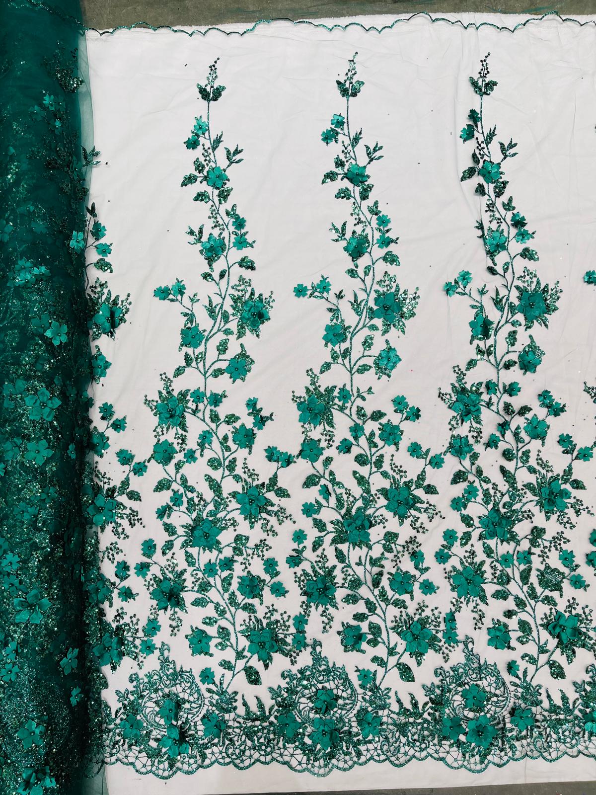 Princess Glitter 3D Floral Design Lace Polyester Fabric - Double Scallop, Mesh Lace, 54" Width (1 Yard)