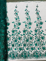 Princess Glitter 3D Floral Design Lace Polyester Fabric - Double Scallop, Mesh Lace, 54" Width (1 Yard)