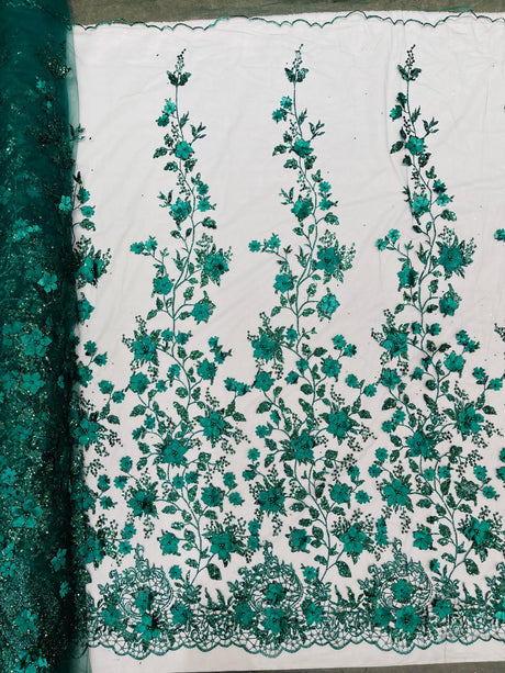 Princess Glitter 3D Floral Design Lace Polyester Fabric - Double Scallop, Mesh Lace, 54" Width (1 Yard)