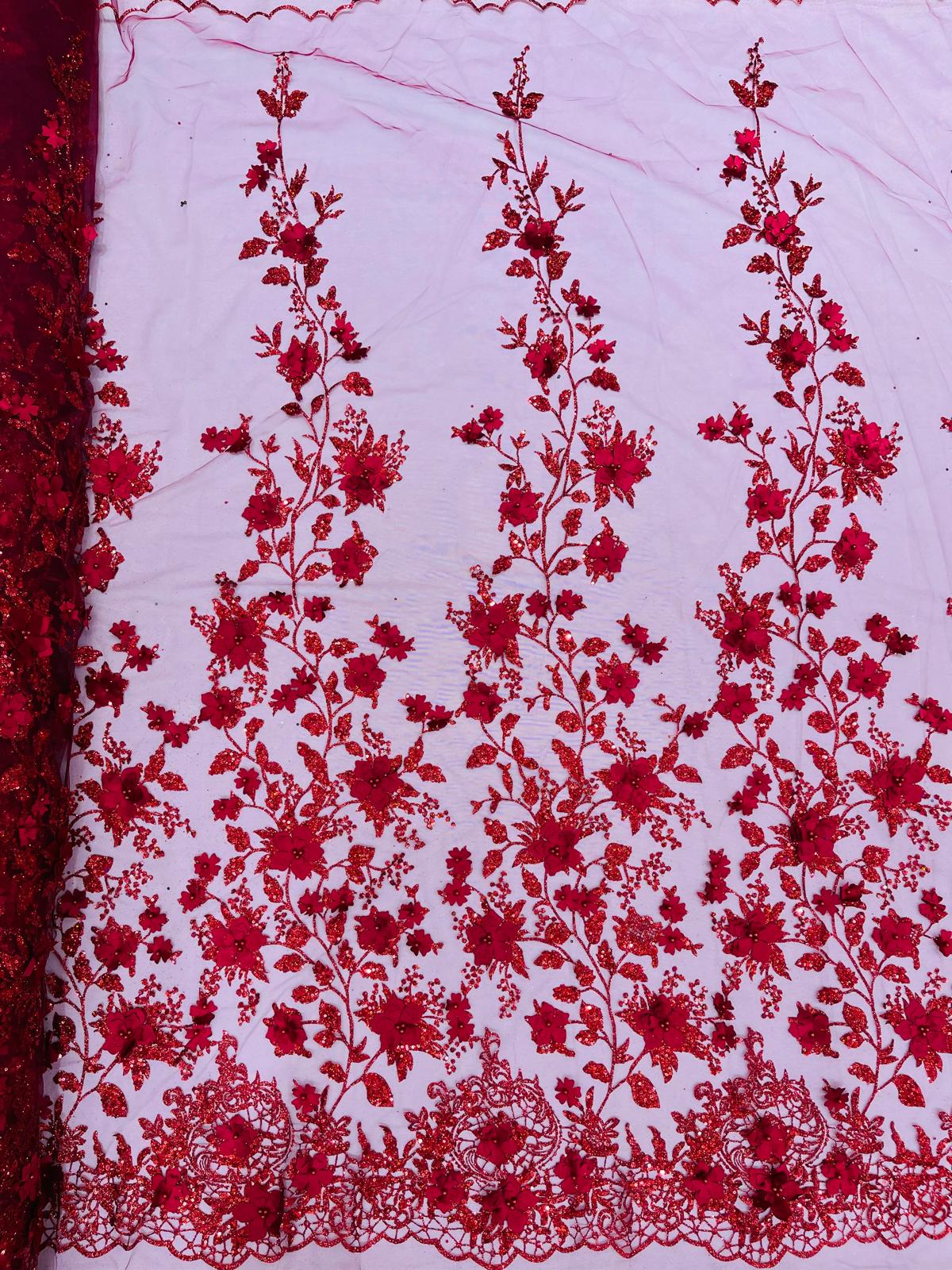 Princess Glitter 3D Floral Design Lace Polyester Fabric - Double Scallop, Mesh Lace, 54" Width (1 Yard)