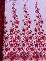 Princess Glitter 3D Floral Design Lace Polyester Fabric - Double Scallop, Mesh Lace, 54" Width (1 Yard)