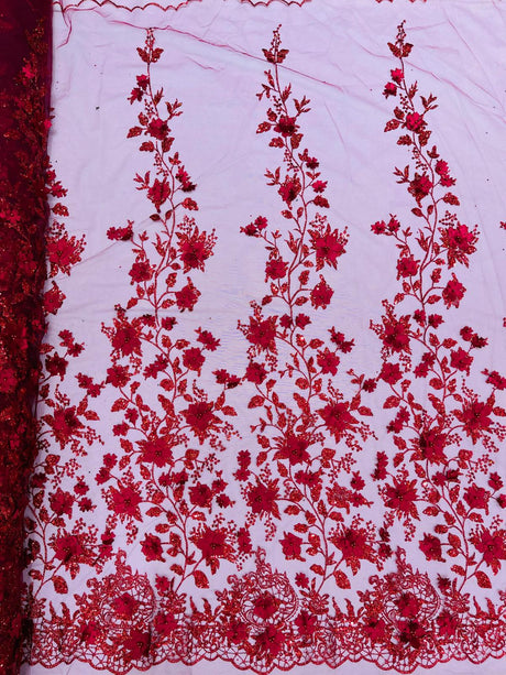 Princess Glitter 3D Floral Design Lace Polyester Fabric - Double Scallop, Mesh Lace, 54" Width (1 Yard)