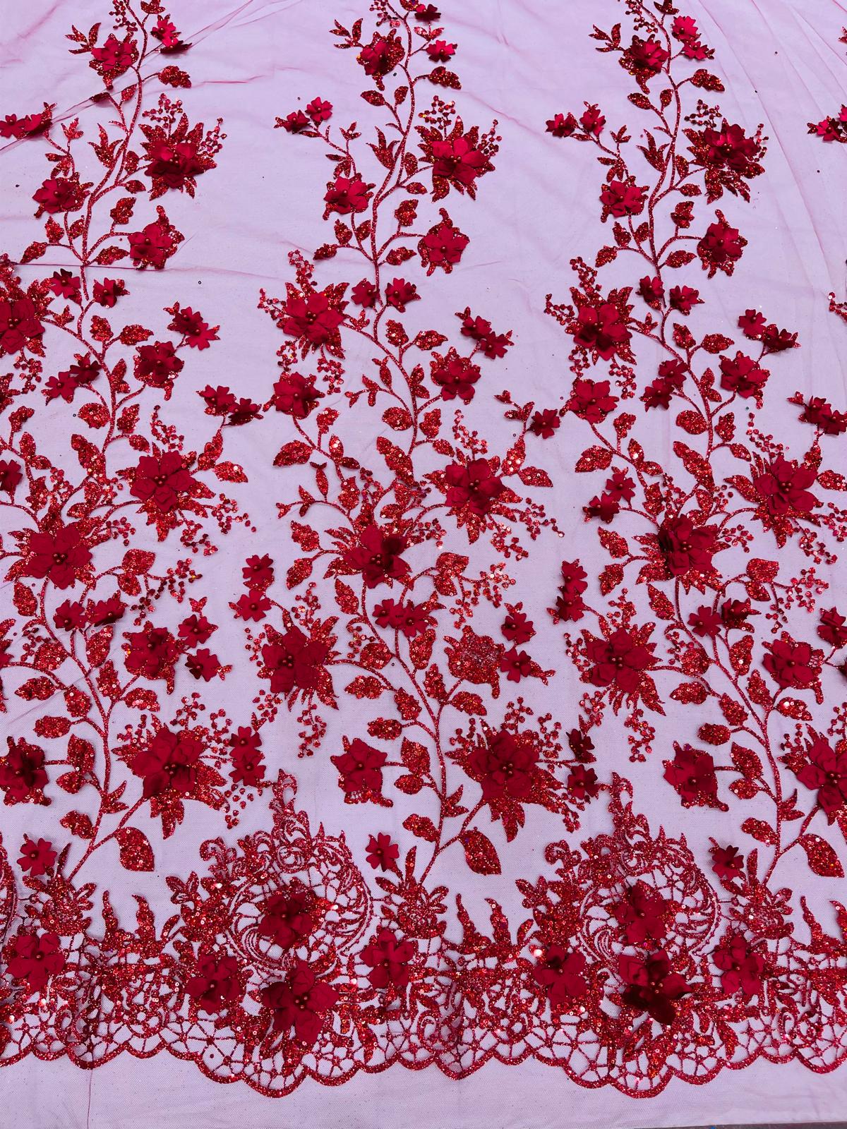 Princess Glitter 3D Floral Design Lace Polyester Fabric - Double Scallop, Mesh Lace, 54" Width (1 Yard)