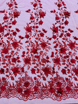 Princess Glitter 3D Floral Design Lace Polyester Fabric - Double Scallop, Mesh Lace, 54" Width (1 Yard)