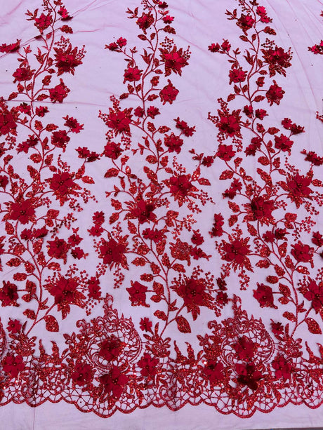 Princess Glitter 3D Floral Design Lace Polyester Fabric - Double Scallop, Mesh Lace, 54" Width (1 Yard)