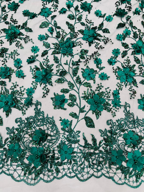 Princess Glitter 3D Floral Design Lace Polyester Fabric - Double Scallop, Mesh Lace, 54" Width (1 Yard)