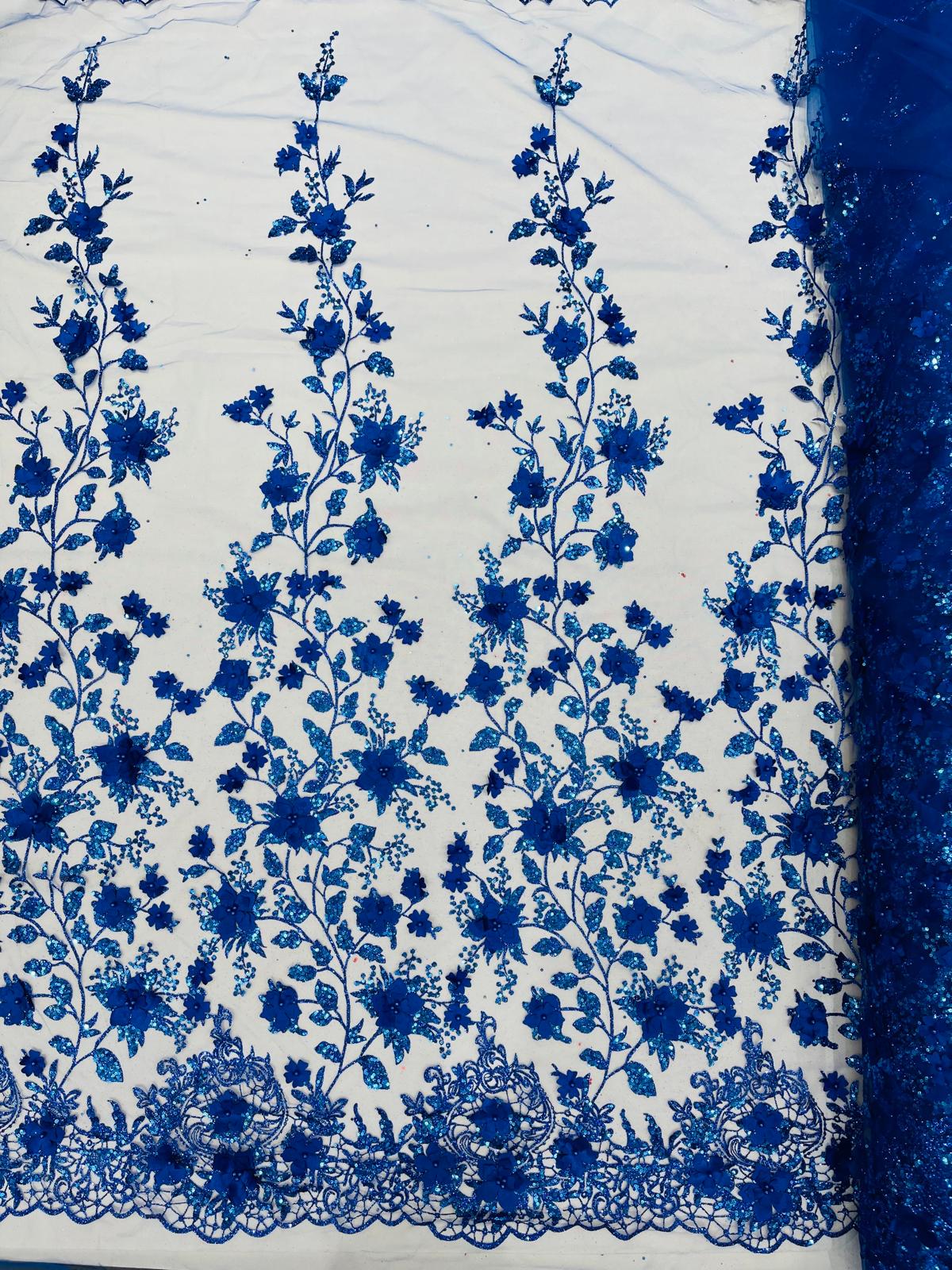 Princess Glitter 3D Floral Design Lace Polyester Fabric - Double Scallop, Mesh Lace, 54" Width (1 Yard)