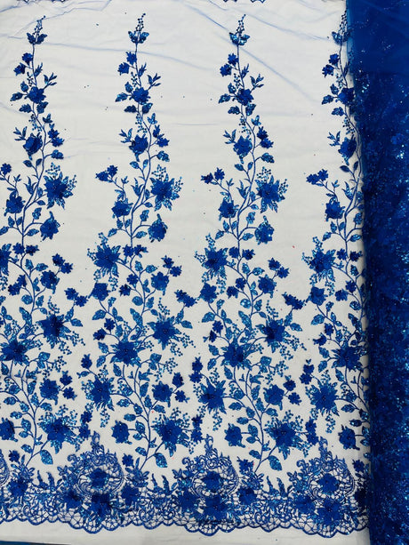 Princess Glitter 3D Floral Design Lace Polyester Fabric - Double Scallop, Mesh Lace, 54" Width (1 Yard)