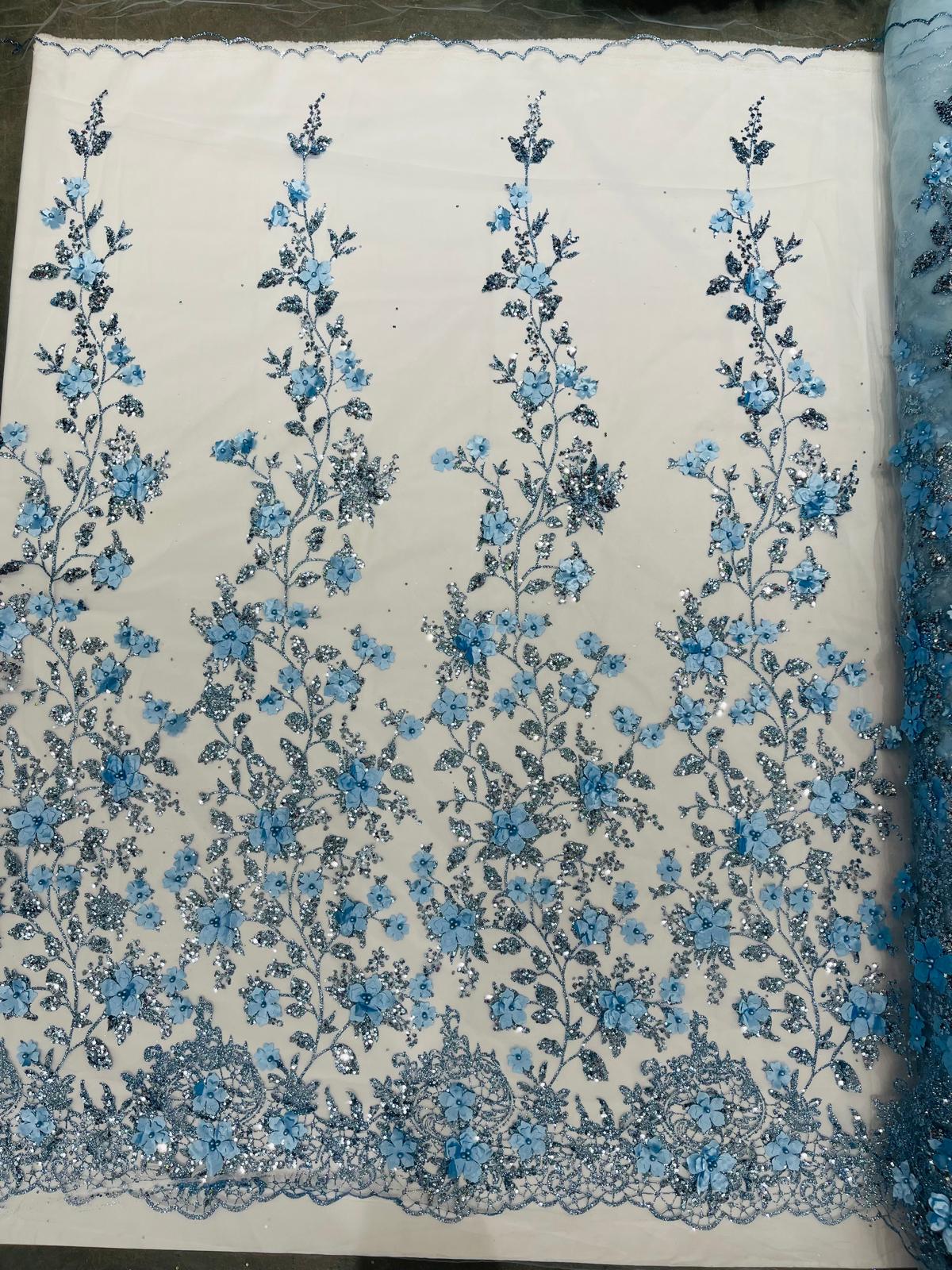 Princess Glitter 3D Floral Design Lace Polyester Fabric - Double Scallop, Mesh Lace, 54" Width (1 Yard)