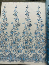 Princess Glitter 3D Floral Design Lace Polyester Fabric - Double Scallop, Mesh Lace, 54" Width (1 Yard)