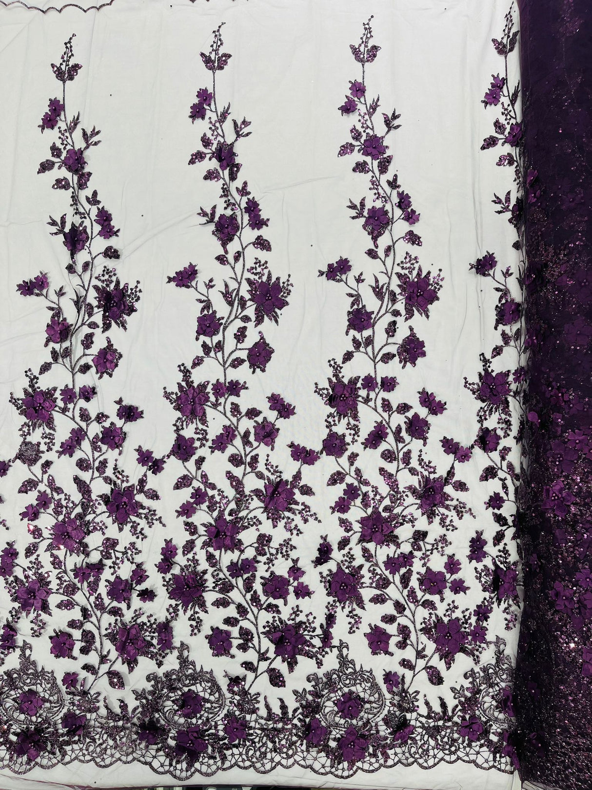 Princess Glitter 3D Floral Design Lace Polyester Fabric - Double Scallop, Mesh Lace, 54" Width (1 Yard)
