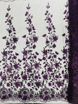Princess Glitter 3D Floral Design Lace Polyester Fabric - Double Scallop, Mesh Lace, 54" Width (1 Yard)
